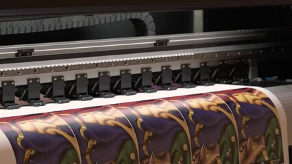 Poster - Large Inkjet printer working, industrial printer, plotter head slides over the surface of the paper and prints a large image.