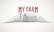 Farm building, rural landscape, drawing in engraving style. Vector illustration.