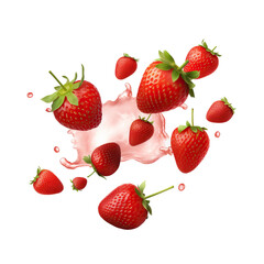 strawberry falling in juice splash isolated on white background or transparent