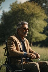 Poster - An elderly disabled man is sitting in a wheelchair in nature.