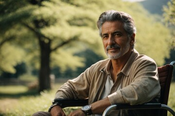 Poster - A handsome smiling contented disabled man of 60-70 years old is sitting in a wheelchair in nature against a background of trees in sunny weather.