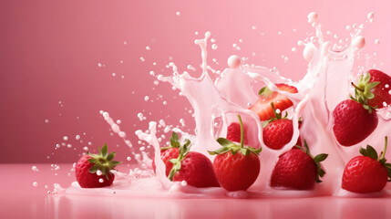 Wall Mural - Milk splash with strawberries. Sweet dessert cream. Milkshake concept. Generative AI