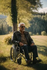Poster - A handsome disabled man of 60-70 years old is sitting in a wheelchair in nature against a background of trees in sunny weather.