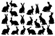 Various silhouettes easter bunnies isolated on white background. Set different rabbit silhouettes for design use.