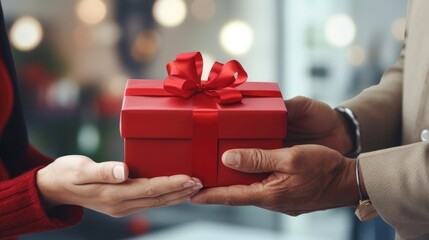 Close-up view of hands of woman giving red gift box tied to bow handed to man. Giving gifts during the Christmas, celebrating happy birthday or marriage anniversary, international women s day.