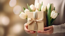 Happy Mother's Day. The Child's Hands Hold A Beautiful Gift Box With A Ribbon And White Tulips.