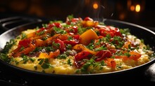 Scrambled Eggs With Tomatoes And Red Peppers Served