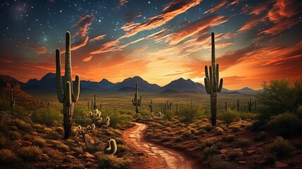 Saguaro cactus standing tall with star trails