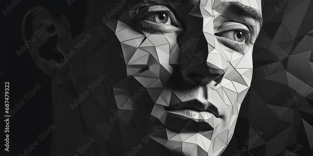 cubist depiction of a male face, sharp angular shapes, deep ...