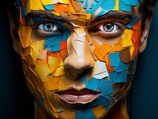 Wall Mural - Modern cubist portrait, photo-real textures, overlapping planes of facial features, vibrant colors