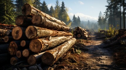 Stacks of logs along a forest road surrounded