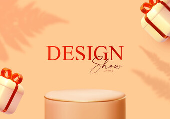 Wall Mural - 3d realistic premium product display design template. scene with round podium, light and leaf shadow