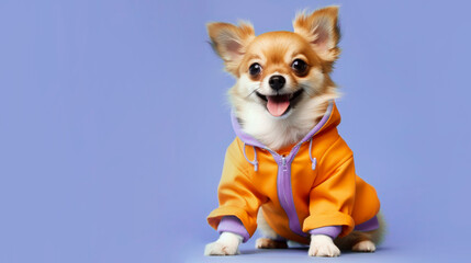 Wall Mural - Charming dog in an orange jumpsuit on a light purple background