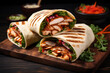 Tasty wrap with grilled chicken meat, sauce and fresh parsley. Grilled tortilla wrap. Generative AI