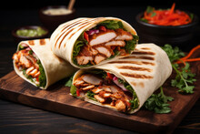 Tasty Wrap With Grilled Chicken Meat, Sauce And Fresh Parsley. Grilled Tortilla Wrap. Generative AI