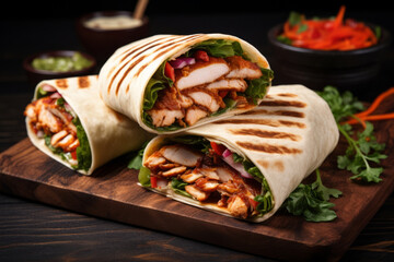 Tasty wrap with grilled chicken meat, sauce and fresh parsley. Grilled tortilla wrap. Generative AI