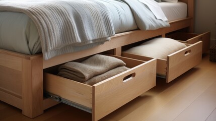 Wall Mural - Drawers and cabinets hidden under the bed. Storage solution for small space