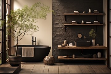 Wall Mural - Japandi style bathroom with dark furniture. Interior design with tranquil ambiance