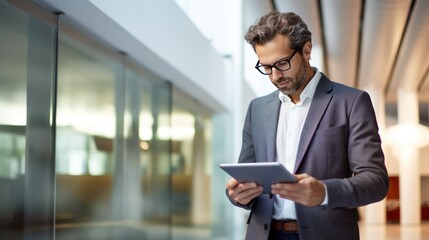 Poster - portrait of man and tablet in office for engineering, fresh face, bright tones 
