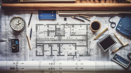 Canvas Print - Top-down view blueprints and engineering tools on wooden desk, copy space, 