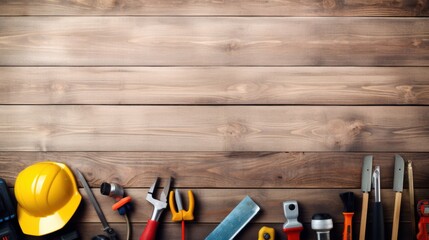 Top-down view construction tools on wooden table with free space for text.,