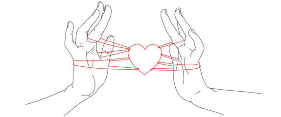 Wall Mural - hand with a red heart rope line art style vector illustration, valentines day clip art