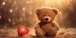 A cute teddy bear sits next to a glowing red heart, Valentine's Day card background, space for text