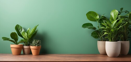 Potted plants on a wooden table against a green wall with copy space