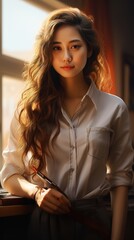 Wall Mural - Beauty fashion portrait of smiling sensual asian young woman with dark long hair in white shirt