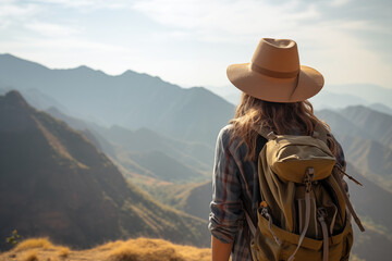 A woman hiking with a backpack stands and admires the beautiful view of nature. On top of a mountain.