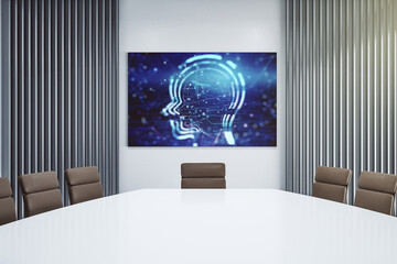 Aufkleber - Creative artificial Intelligence concept with human head hologram on presentation screen in a modern conference room. 3D Rendering