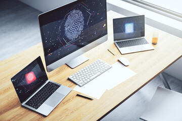 Aufkleber - Modern computer display with abstract graphic fingerprint sketch, fingerprint scan data concept. 3D Rendering