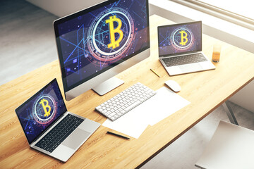 Poster - Creative Bitcoin concept on modern laptop screen. 3D Rendering