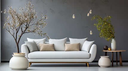 Wall Mural - Modern white designer sofa with cushions in middle of minimalistic living room