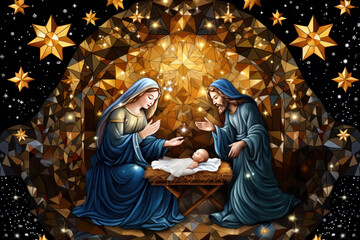 Wall Mural - Christmas Christian religious Nativity Scene of baby Jesus with Mary, Joseph and star