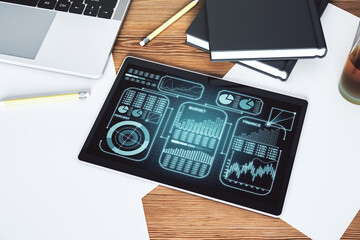 Poster - Top view of modern digital tablet display with abstract creative analytics data spreadsheet, analytics and analysis concept. 3D Rendering
