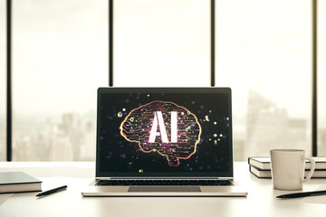 Poster - Creative artificial Intelligence concept with human brain sketch on modern laptop monitor. 3D Rendering