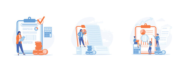 Poster - Organizing Accounting, Graphs and Charts Counting Money Refund, bookkeeping investment money. Accounting set flat vector modern illustration