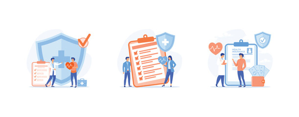 Health Insurance concept, Big clipboard with document, doctor and patient. set flat vector modern illustration