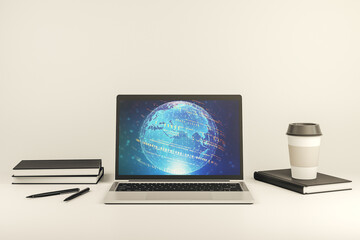 Aufkleber - Computer monitor with abstract creative programming illustration and world map, big data and blockchain concept. 3D Rendering
