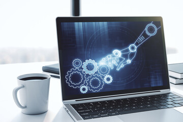 Poster - Creative abstract robotics technology sketch on modern laptop monitor, future technology and AI concept. 3D Rendering