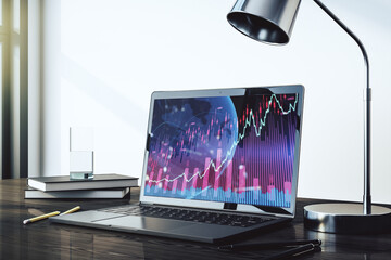 Aufkleber - Abstract creative financial graph with world map on modern laptop screen, forex and investment concept. 3D Rendering