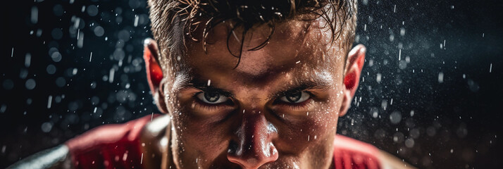 Wall Mural - athlete's face, determination in sweat beads, focused gaze, dynamic tension