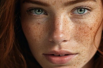 Wall Mural - portrait, sharp focus on eyes, gentle smile, subtle freckles, soft studio lighting