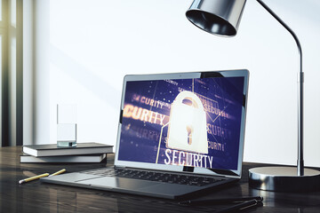 Aufkleber - Computer monitor with creative light lock illustration and microcircuit, cyber security concept. 3D Rendering