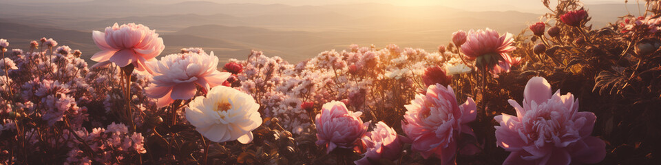 Poster - web banner of pink peony flower field