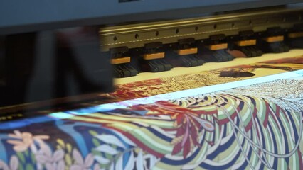 Poster - Large Inkjet printer working, industrial printer, plotter head slides over the surface of the paper and prints a large image.