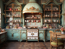 Victorian Style. Stylish Kitchen. Luxury Royal Dining Room Background. Baroque Rococo Vintage Retro Style Blue Interior. Ancient Cupboard With Shelves. Pink Flowers In Vase. Tiled Floor. Generative Ai