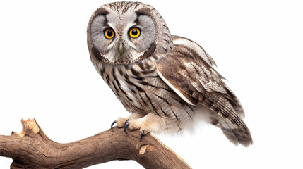 Wall Mural - Cute boreal owl is sitting on the tree branch looking at the camera. generative ai