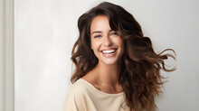 Big bright white smile headshot with a beautiful brunette woman sincere happy cheerful positive expression. generative ai.